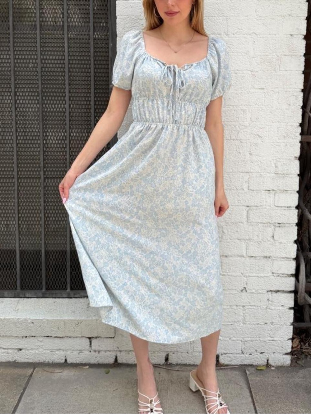 Milkmaid light blue floral midi dress with tie front detail sz XS #floraldress